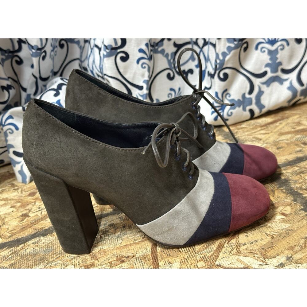 Tory Burch Stella Color-block Oxford Suede Block Heel Black Burgundy & Gray 10